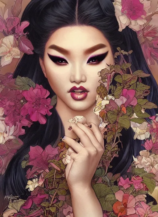 Image similar to kim chi, drag queen, painting by artgerm and greg rutkowski and alphonse mucha