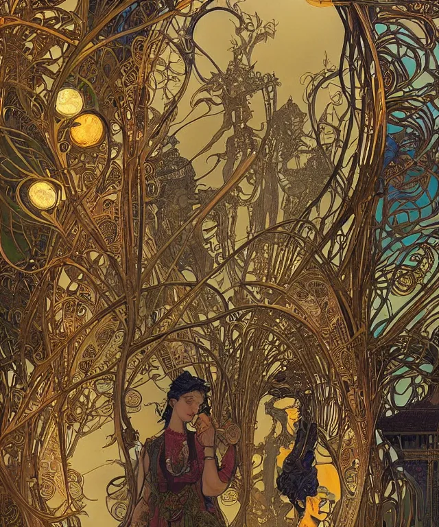 Prompt: a streeet view of wat rong khun by alphonse mucha and charlie bowater and art germ, rule of thirds, golden ratio, art nouveau! cyberpunk! style, mechanical accents!, mecha plate armor, glowing leds, flowing wires with leaves, art nouveau accents, art nouveau patterns and geometry, rich deep moody colors
