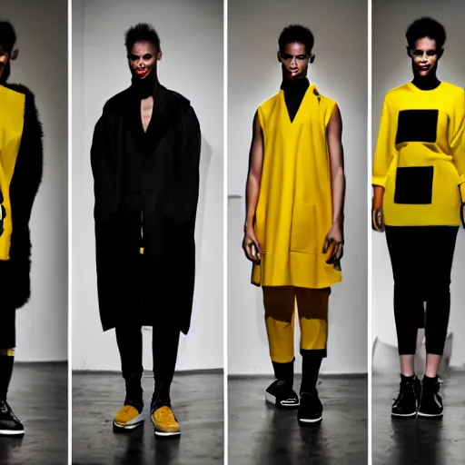 Prompt: brutalist fashion incorporating black and yellow, fashion show, studio lighting