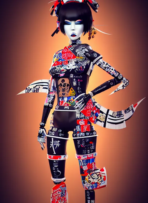 Image similar to full body photo of a punk geisha robot with kanji tattoos and decals wearing a digital pixelated kimono, intricate design, photo - realistic, octane render, ultra fine detailed, character design, trending on artstation