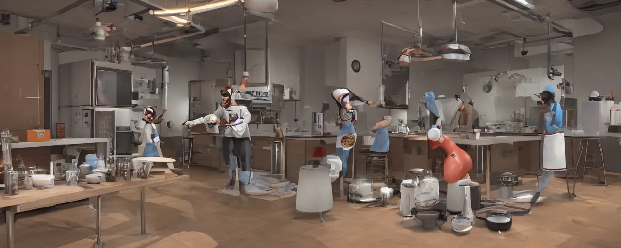 Image similar to a hyper complex drip coffee maker in the 1 9 7 0 s era kitchen, a coffee scientist dressed in a lab coat taste testing the coffee hownosm and james jean, ultimate collab, epic, unreal engine 5, coming to life popping out of the wall 3 d, h 6 4 0