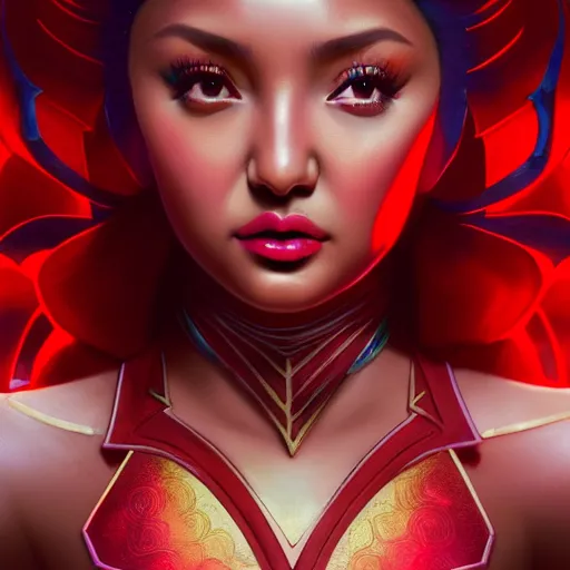 Image similar to nadine lustre as darna, volumetric lights, red and cyan theme, art nouveau botanicals, intricate, highly detailed, digital painting, artstation, concept art, smooth, sharp focus, cinematic, illustration, beautiful face, art by artgerm and greg rutkowski and alphonse mucha