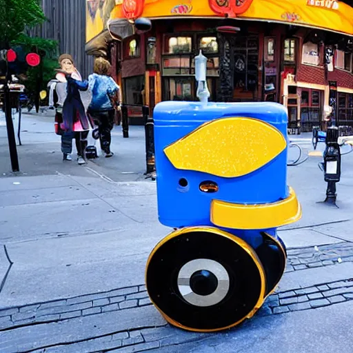 Prompt: a kiddie ride that is coin operated on the sidewalk in nyc