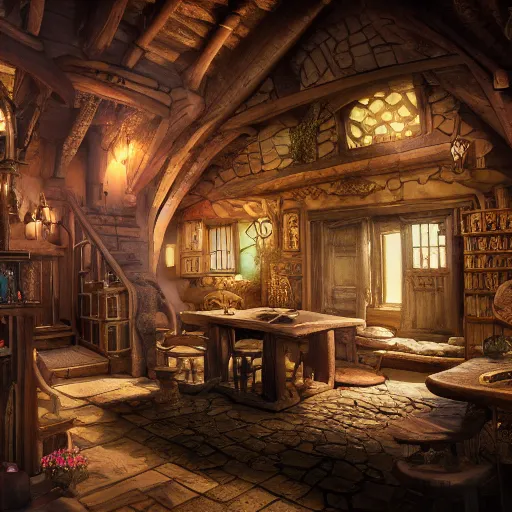 Image similar to bilbo baggins inside a medieval hobbit house, ornate, beautiful, atmosphere, vibe, flowers, concept art illustration, color page, 4 k, tone mapping, doll, akihiko yoshida, james jean, andrei riabovitchev, marc simonetti, yoshitaka amano, digital illustration, greg rutowski, volumetric lighting, sunbeams, particles