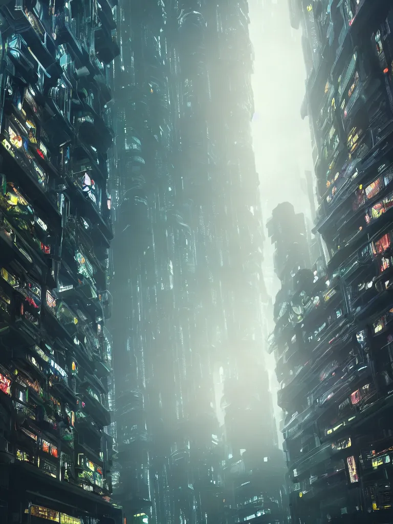 Image similar to farmer at his futuristic vertical farm growing food in a cyberpunk high rise in blade runner, 3 point perspective, atmospheric, morning light, foggy, ultra - hd, ultra - realistic