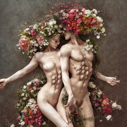 Image similar to two bodies entwined, covered by flowers, by arcimboldo, greg rutkowski