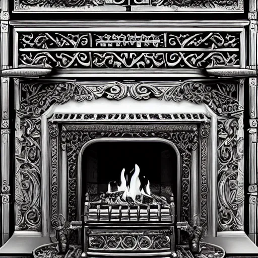 Image similar to a portrait of a chrome carved hearth. highly detailed. intricate artwork. by Tooth Wu, wlop, rending on artstation, graphic style style of Patrick Gleason very coherent symmetrical artwork. high detail, depth of field, bokeh.