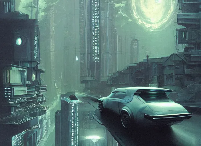 Prompt: a car driving down a street next to tall Forest-2 the night, cyberpunk art by Chesley Bonestell, cgsociety, retrofuturism, matte painting, reimagined by industrial light and magic