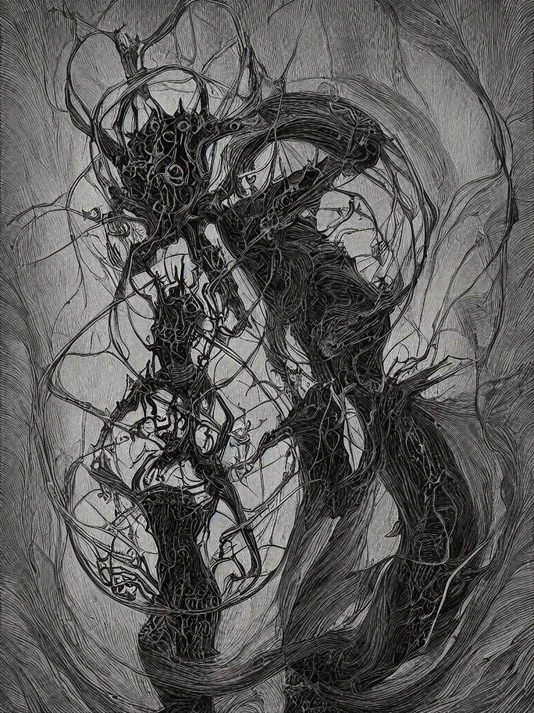 Prompt: The Abyss tarot card, Gothic aesthetic, cardstock, detailed linework, geometrical shapes, black paper, ornate, symmetrical, arcane tarot card, ink illustration, in the style of peter mohrbacher, beksinski and Yoshitaka Amano,