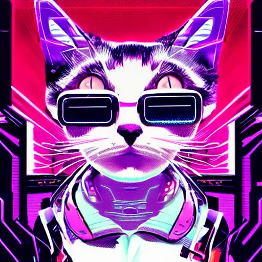 Prompt: Cat, cyberpunk glitchcore synthwave art, trending on ArtStation