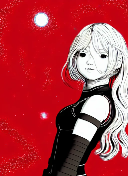 Prompt: highly detailed portrait of a hopeful pretty astronaut lady with a wavy blonde hair, by Guerrilla Girls, 4k resolution, nier:automata inspired, bravely default inspired, vibrant but dreary but upflifting red, black and white color scheme!!! ((Space nebula background))