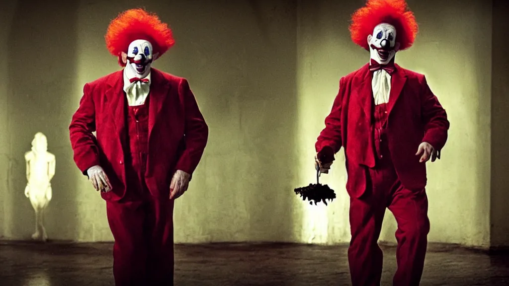 Image similar to the clown!, they're not happy, film still from the movie directed by denis villeneuve and david cronenberg with art direction by salvador dali and dr. seuss