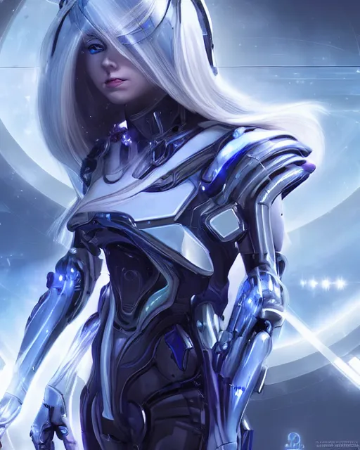 Image similar to perfect android girl on a mothership, warframe armor, beautiful face, scifi, futuristic, galaxy, nebula, raytracing, dreamy, long white hair, blue cyborg eyes, sharp focus, cinematic lighting, highly detailed, artstation, divine, by gauthier leblanc, kazuya takahashi, huifeng huang