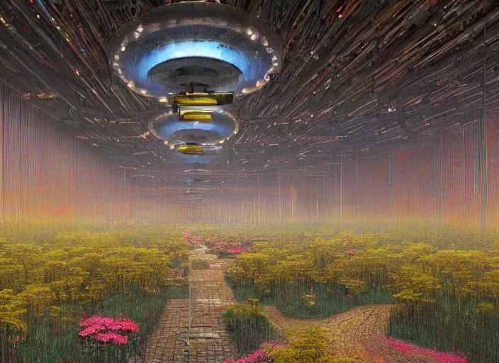 Image similar to rustic yet enormous SCP (Secure, Contain, Protect) agency interior with infinite rows of giant iridescent alien artifacts suspended in cylindrical containers made of gold and quartz by Simon Stalenhag, Zdiszlaw Beksinski, with vivid palette by James Gurney, overgrown with alien plants and flowers, inspired by Control the game, mysterious, eeriewave, hyperdetailed, dramatic camera angle with focus on infinity, octane render 8k, 4k, HDR, rtx on