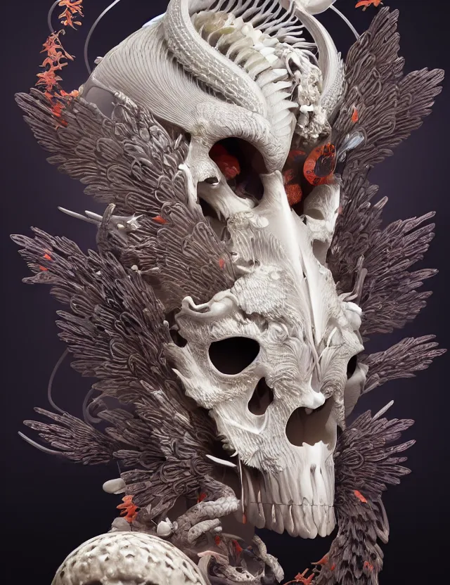 Image similar to 3 d goddess of death close - up profile portrait with ram skull. beautiful intricately detailed japanese crow kitsune mask and clasical japanese kimono. betta fish, jellyfish phoenix, bio luminescent, plasma, ice, water, wind, creature, artwork by tooth wu and wlop and beeple and greg rutkowski