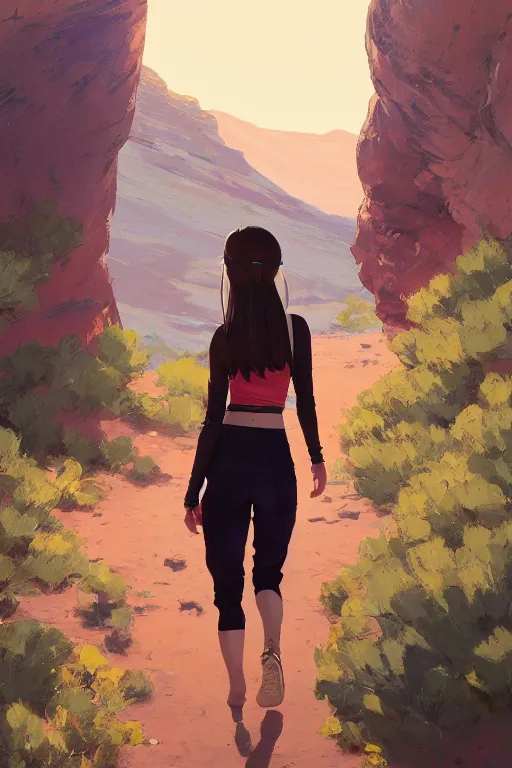 Image similar to a girl hiking in the desert, full shot, fine - face, realistic shaded perfect body details, fine details. night setting. very anime style. realistic shaded lighting, poster by ilya kuvshinov katsuhiro, magali villeneuve, artgerm, jeremy lipkin and michael garmash, rob rey and kentaro miura style, trending on art station