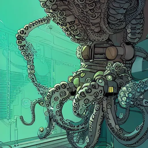 Image similar to robotic Octopus in an airlock, Industrial Scifi, detailed illustration, character portrait, by Martin Grip and Moebius