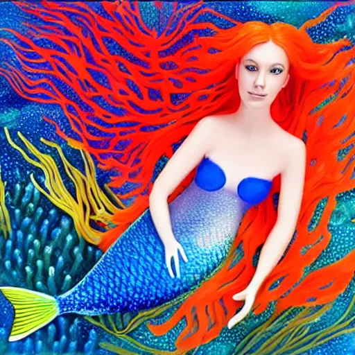 Prompt: a beautiful mermaid underwater, brightly coloured fish, coral and seaweed, hyper - realistic, mystic, detailed