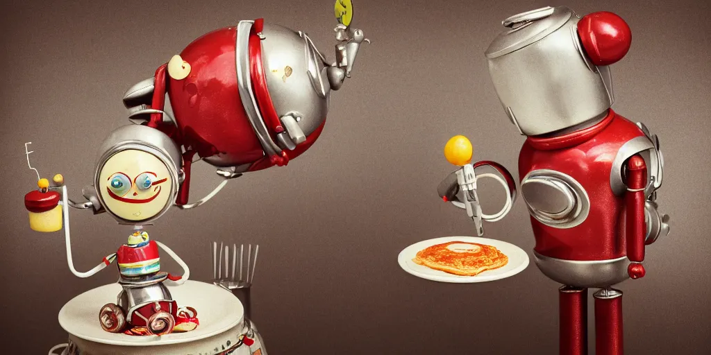 Prompt: closeup portrait of tin toy retro robot chef cooking pastry in a kitchen, depth of field, zeiss lens, detailed, centered, fashion photoshoot, by nicoletta ceccoli, mark ryden, lostfish, breathtaking, 8 k resolution, extremely detailed, beautiful, establishing shot, artistic, hyperrealistic, octane render