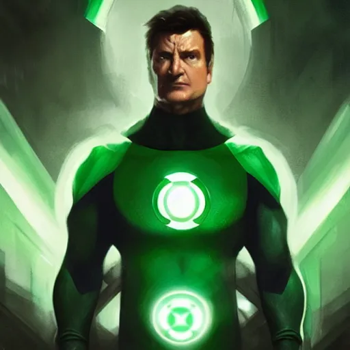 Image similar to Nathan Fillion as Green Lantern, DC art, art by greg rutkowski, matte painting, trending on artstation