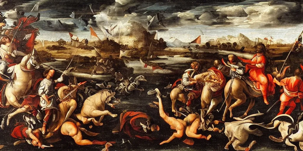 Image similar to renaissance-style painting of knights riding orcas on a battlefield in Italy, very dramatic atmosphere,