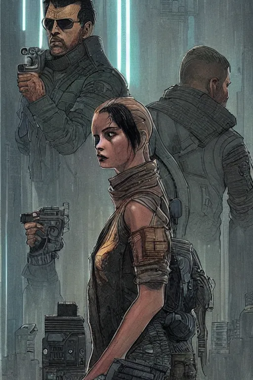 Prompt: Sonya. Deadly blackops mercenary. cyberpunk. Blade Runner 2049. concept art by James Gurney and Mœbius.