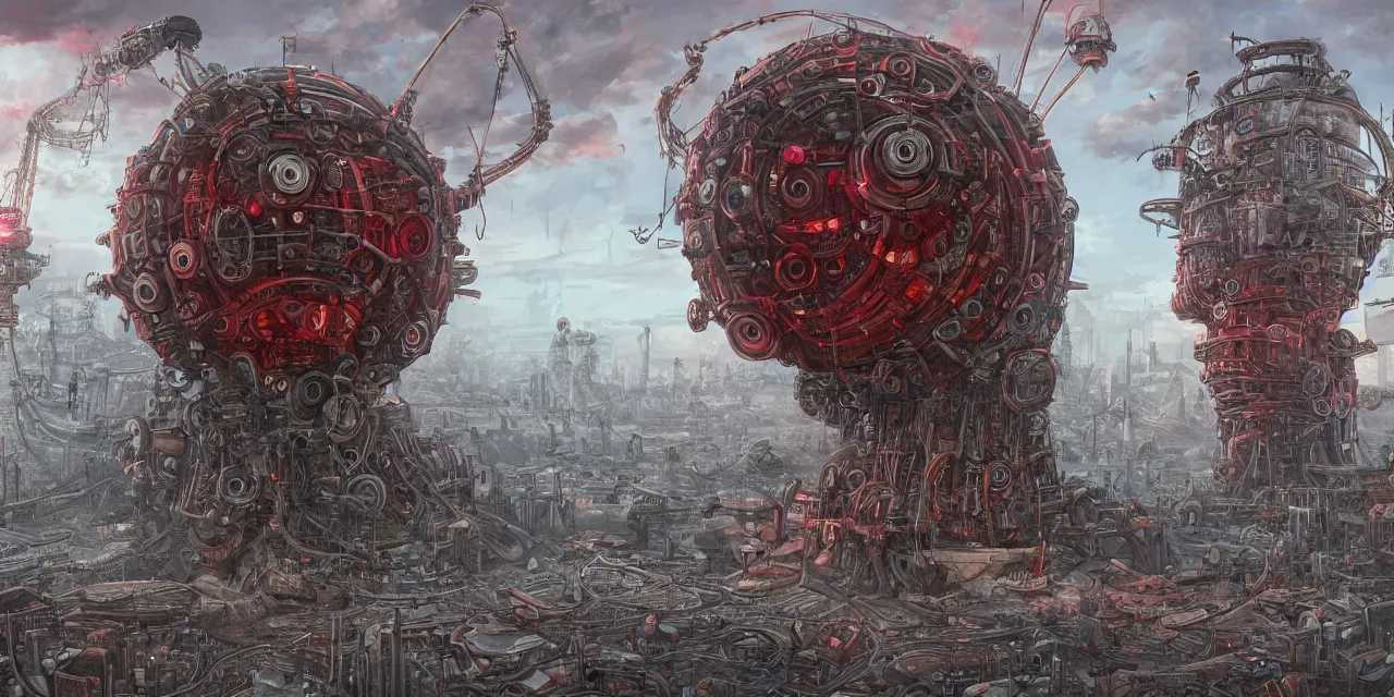 Prompt: hyper detailed comic illustration of a giant fleshy bio-mechanical machine tower with one eyeball at the top, overlooking a dystopian wasteland, bright colors with red hues