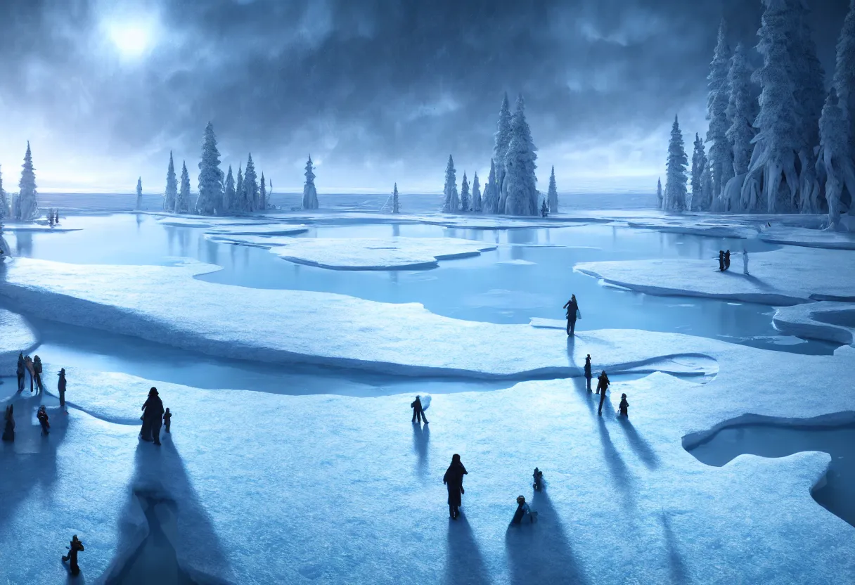 Image similar to inside of flowing frozen lake winter landscape of human mind and imagination, matte painting, beautiful render, octane render, concept art