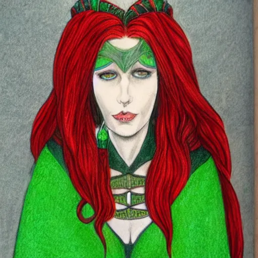 Image similar to full body detailed colored pencil drawing of a beautiful red haired sorceress with a beautiful face, wearing a green magician's robe