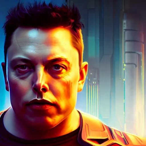 Image similar to ominous, imposing portrait of Elon Musk as a cyberpunk 2077 loading screen, imposing, symmetry, front view, intricate, studio, art by anthony macbain + greg rutkowski + alphonse mucha, concept art, 4k, sharp focus