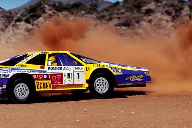 Prompt: 1 9 8 8 race testarossa, dakar rally footage, speed