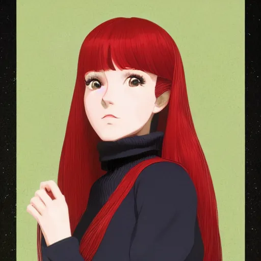 Image similar to Character portrait of a young beautiful woman with long flowing red hair in a lush park, beautiful face, long dark hair with bangs, wearing a black turtleneck sweater, highly detailed, cel shading, Studio Ghibli still, by Ilya Kuvshinov and Akihiko Yoshida