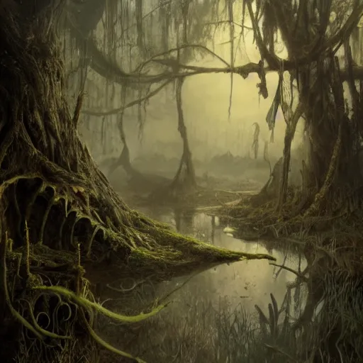 Prompt: swamp with a rotten stem formed like the face of nick nolte, at dusk, misty athmosphere, ultra realistic, concept art, intricate details, eerie, highly detailed, photorealistic, octane render, 8 k, unreal engine. art by ed binkley and ellen jewett and artgerm and greg rutkowski and alphonse mucha