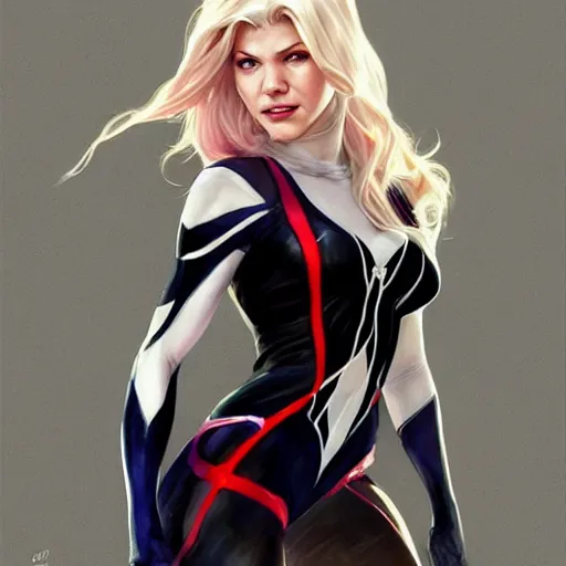 Image similar to beautiful Katheryn Winnick as Spider-Gwen, western, closeup, D&D, fantasy, intricate, elegant, highly detailed, digital painting, artstation, concept art, matte, sharp focus, illustration, art by Artgerm and Greg Rutkowski and Alphonse Mucha