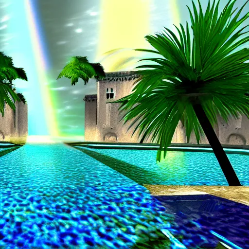 Image similar to Palace of the chalice, refracted sparkles, motion blur, ps1 videogame, thunderstorm, greek pool, beach and Tropical vegetation, 2005 game, moldy screenshot