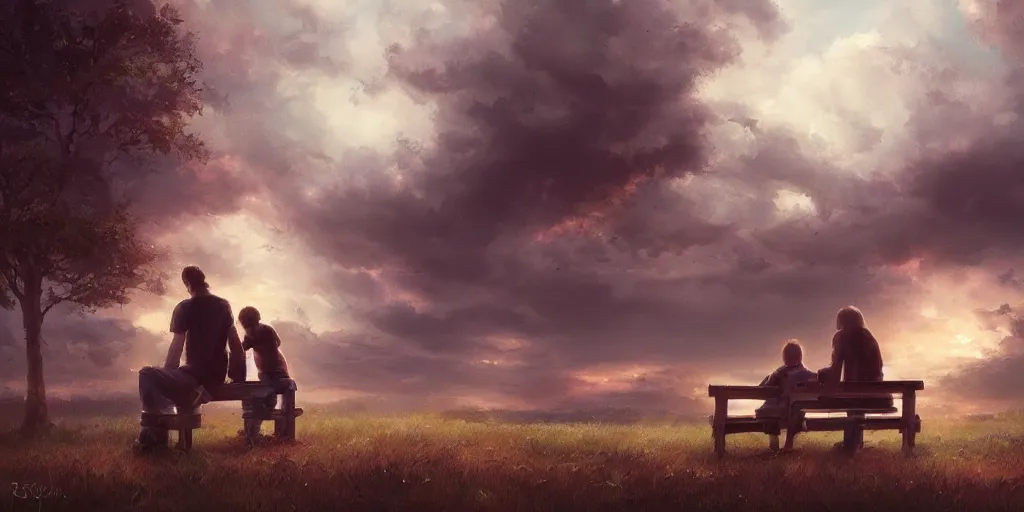 Image similar to a family with sorrow faces sitting on a bench, dramatic sky, close up shot, anime art, Greg Rutkowski, dramatic lighting