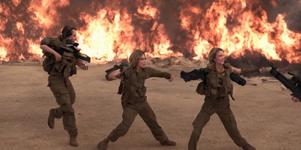 Prompt: movie still of hilary clinton fighting in libya, focused shot, close shot, realistic, smoke, fire, octane render