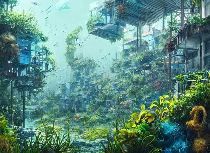 Prompt: overgrown foliage overtaking favela, underwater environment, scenery, professional, award - winning, trending on artstation, detailed, realistic, beautiful, emotional, shiny, golden, picture