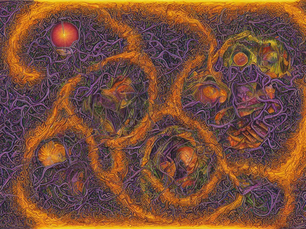 Image similar to expression of mind-matter interaction through death by Alex Grey and M. C. Escher collaboration, digital painting, Groundcore