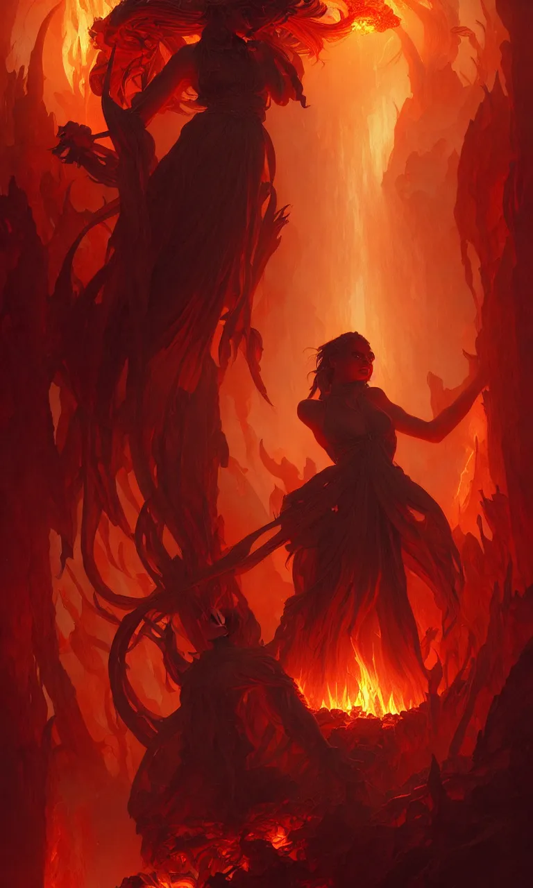 Image similar to Purgatory, fire woman in hell. The gateway to the infernal underworld. Devils demons, highly detailed, digital painting, artstation, concept art, smooth, sharp focus, illustration, art by artgerm and greg rutkowski and alphonse mucha