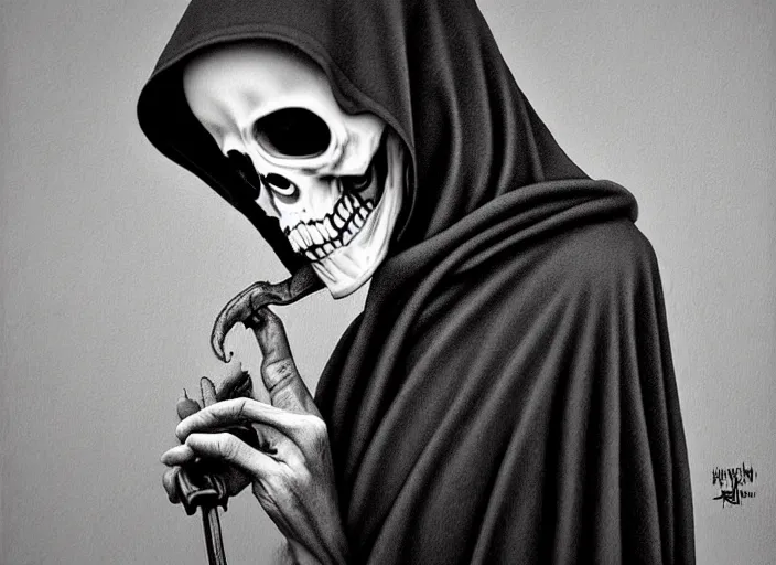 Image similar to this sorrowful picture illustrates the poignant death of the grim reaper and established the republic of life. hyperrealism, intricate details, trending on artsation