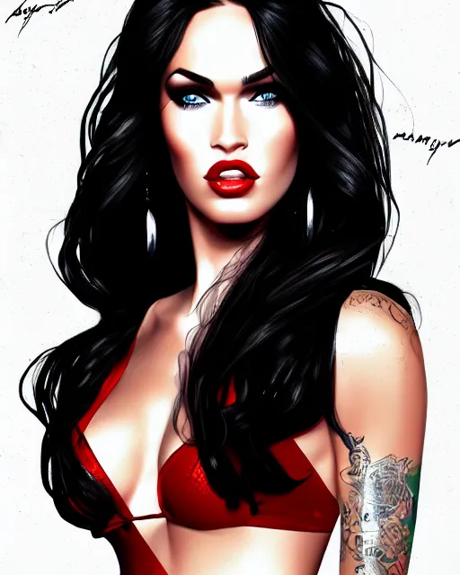 Image similar to closeup portrait beautiful seductive megan fox with long windblown hair in a black party dress, red lipstick, glamour pose, detailed illustration, digital art, trending on artstation, arney freytag, graffiti, gta 5,