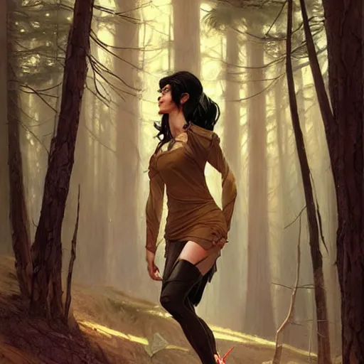 Prompt: portrait of tall woman in forest glade, short black hair, tan skin, wide hips, sharp focus, smooth, dynamic pose, highly detailed, elegant, by artgerm, greg rutkowski, alphonse mucha