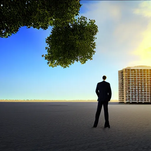 Image similar to sad businessman on empty island, beautiful sky, rendered in bryce3d, bryce, 3d