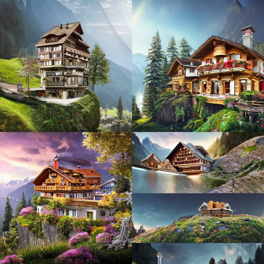 Prompt: Beautiful Swiss chalet on a landscape made of an intricate watch parts, cogs, gears, gearwheels, levers, jewels, shiny silver, shiny gold, architectural render, futuresynth, by Gabriel Dawe, by Skottie Young, by Jessica Rossier, by Isaac Cordal, Rolex, Breitling, Jacob & Co, Omega, Tag Heur
