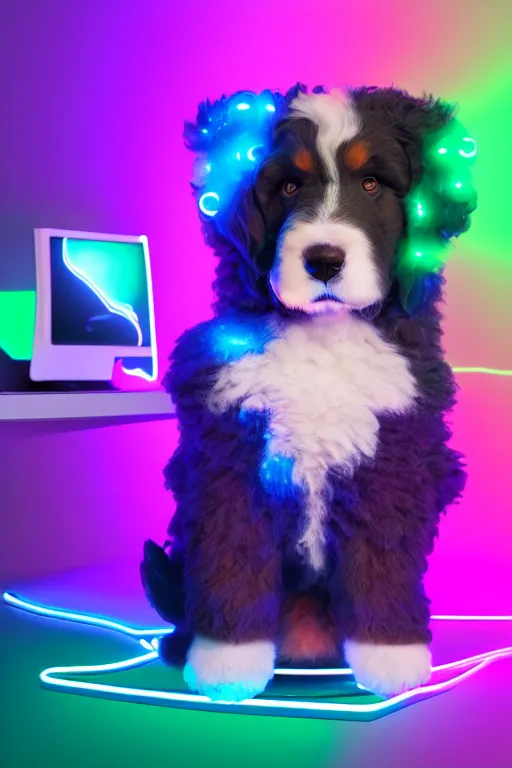 Prompt: a cute bernedoodle puppy sitting in gaming chair + neon rgb light strips, large computer monitor, space themed walls, vaporwave, dramatic, confident, rule of thirds, 4 k, award winning, octane render, volumetric lighting
