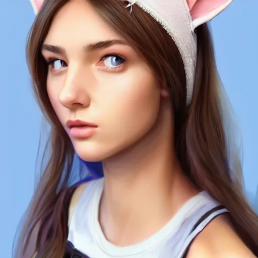 Image similar to Perfectly-Centered Portrait of a Realistic Beautiful Young Woman Wearing Fake-Cat-Ears and t-shirt and shorts, perfect female specimen, intricate, elegant, super highly detailed, professional digital painting, artstation, concept art, smooth, sharp focus, no blur, no dof, extreme illustration, Unreal Engine 5, Photorealism, HD quality, 8k resolution, cinema 4d, 3D, beautiful, cinematic, art by artgerm and greg rutkowski and alphonse mucha and loish and WLOP