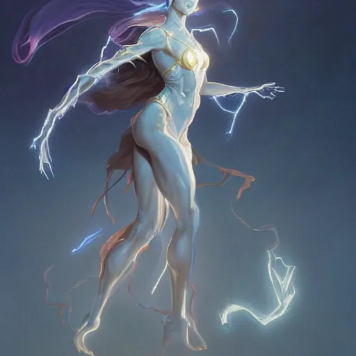 Image similar to female japanese lightning elemental, ghostly form, transparent, d & d, golden!!! palette, highly detailed, digital painting, artstation, concept art, sharp focus, illustration, cinematic lighting, art by artgerm and greg rutkowski and alphonse mucha