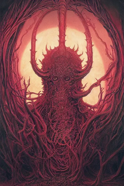 Image similar to cosmic horror eldritch lovecraftian the scarlet king of thorns by wayne barlowe, agostino arrivabene, denis forkas