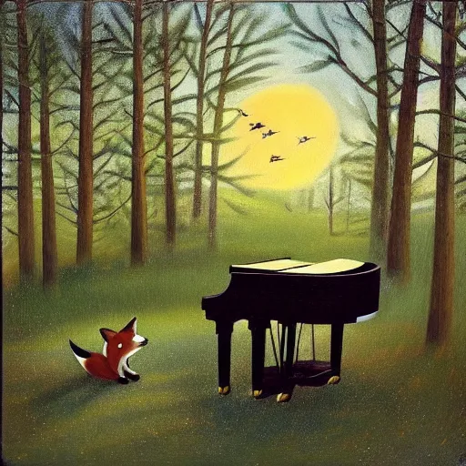 Prompt: “A fox playing the piano in a meadow in The Swedish forest during the night under the moonlight, children’s book oil painting”